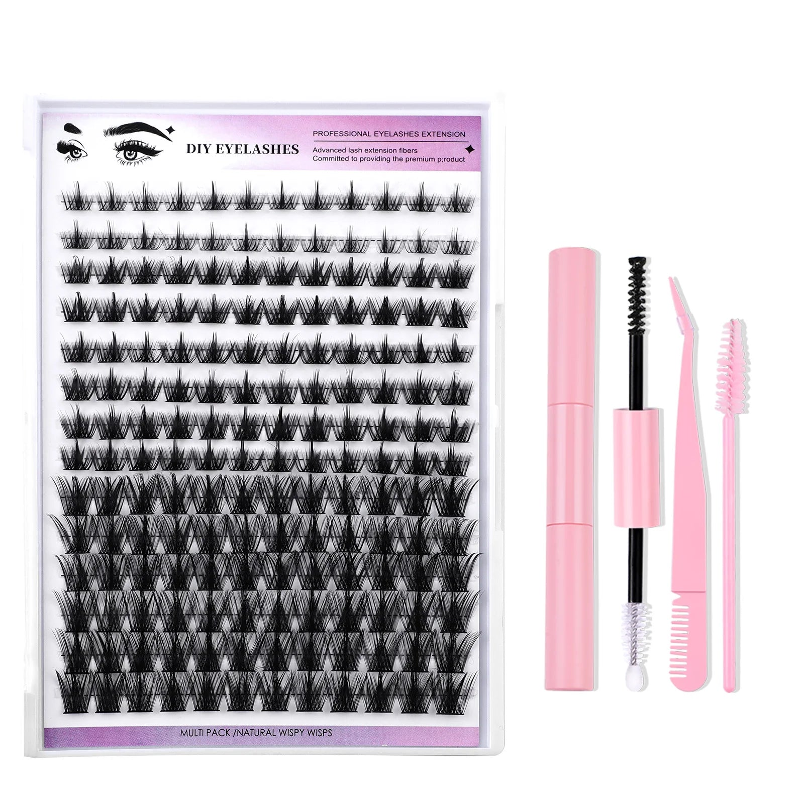 Praeclarus Natural Style Individual Lash Extensions Kit 14 Rows Cluster Eyelashes Lash Bond Seal Glue Makeup Set for Home Use