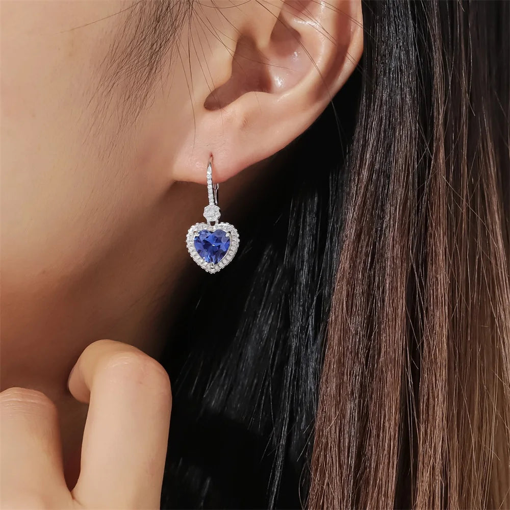 New Arrival Romantic Light Blue Lab Grown Sapphire Hoop Drop Earrings Heart Shape Ear Studs 925 Silver Halo Love Earrings