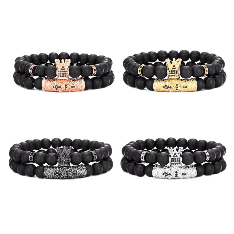 Fashion Trendy 8mm Matte Beads Jewelry Set Men Luxury Royal Natural Stone Crown Zircon Stone Bracelet Luxury with Cross