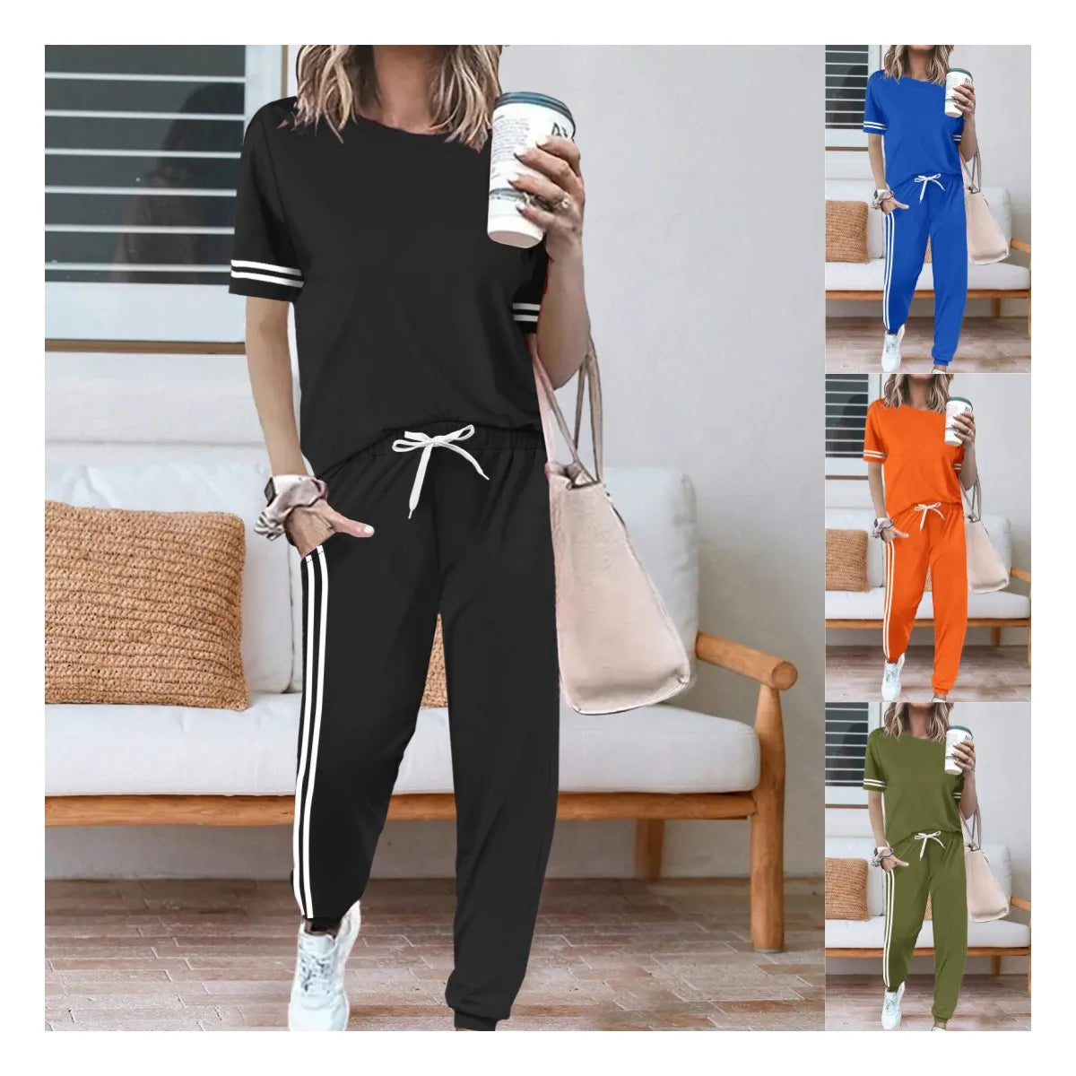 Wholesale New Design Women's Summer Casual Stripe Tracksuit Short Sleeve T-shirt and Long Pants Set Two Pieces Women Sports Set