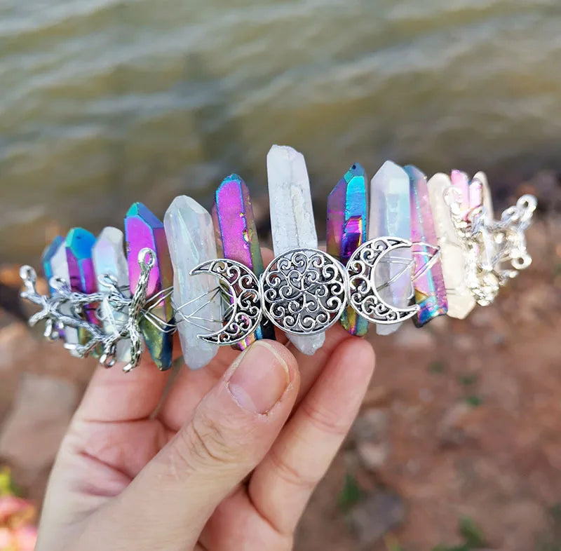 HZ Popular Design rainbow Color Two-color Stitching Wiccan Accessories Ancient Silver Branch Crown Headband