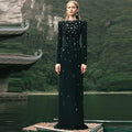A9627 European and American Styles Beaded Long Sleeves Women Long Dress Black Plus Size Ladies Winter Party Dress