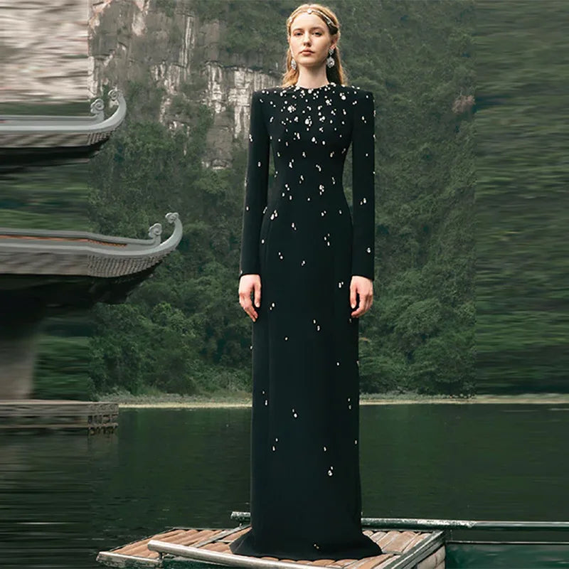 A9627 European and American Styles Beaded Long Sleeves Women Long Dress Black Plus Size Ladies Winter Party Dress