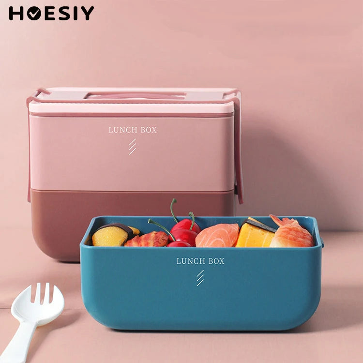 Portable Double Layer Plastic Rectangle Bento Box with Handle for Kids and Adults School Office Picnic Lunch Includes Spoon