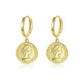Fashion Jewelry18K Gold Plated Dainty Tiny Disc Coin Hoop Greek Goddess Portrait Silver Pendant Earring for Women Hypoallergenic