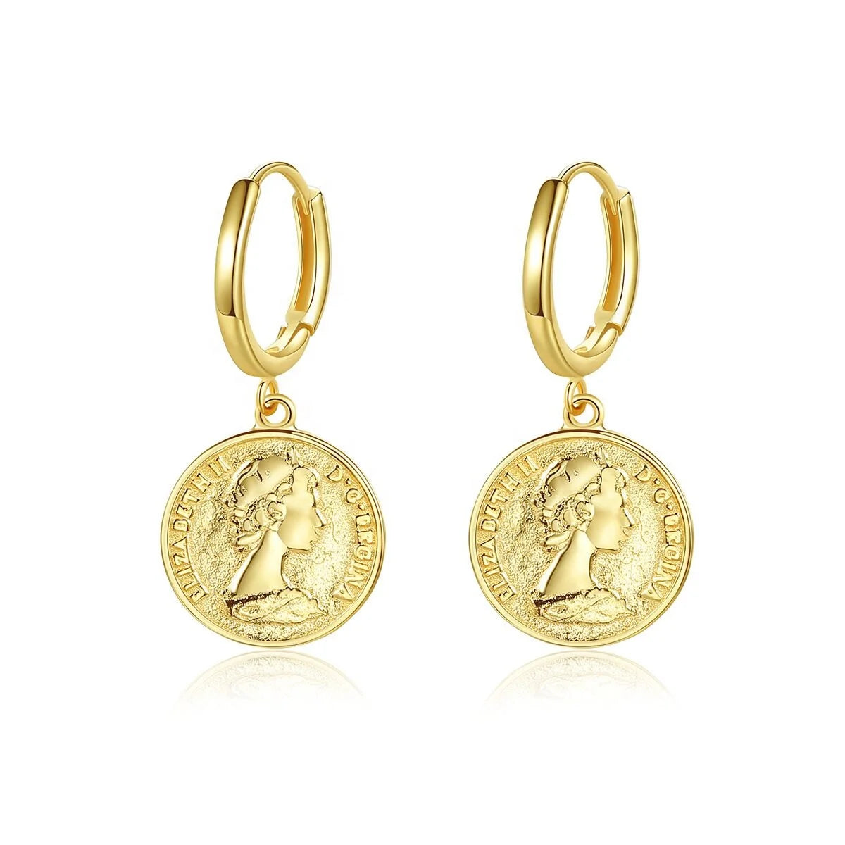 Fashion Jewelry18K Gold Plated Dainty Tiny Disc Coin Hoop Greek Goddess Portrait Silver Pendant Earring for Women Hypoallergenic