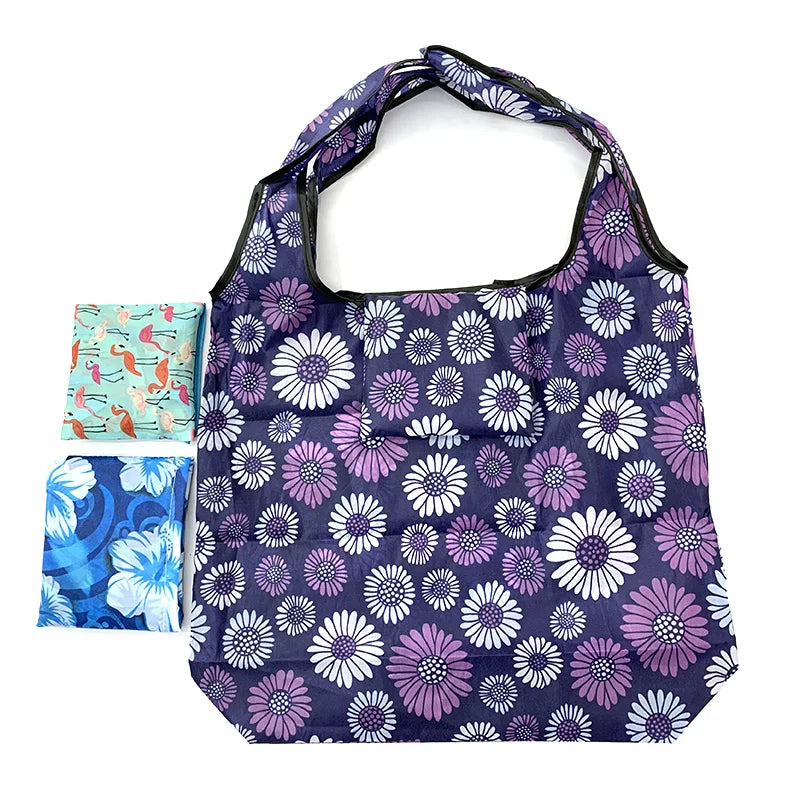 New Promotional floral wholesale Polyester Storage bags custom logo print handbag reusable foldable tote shopping bag