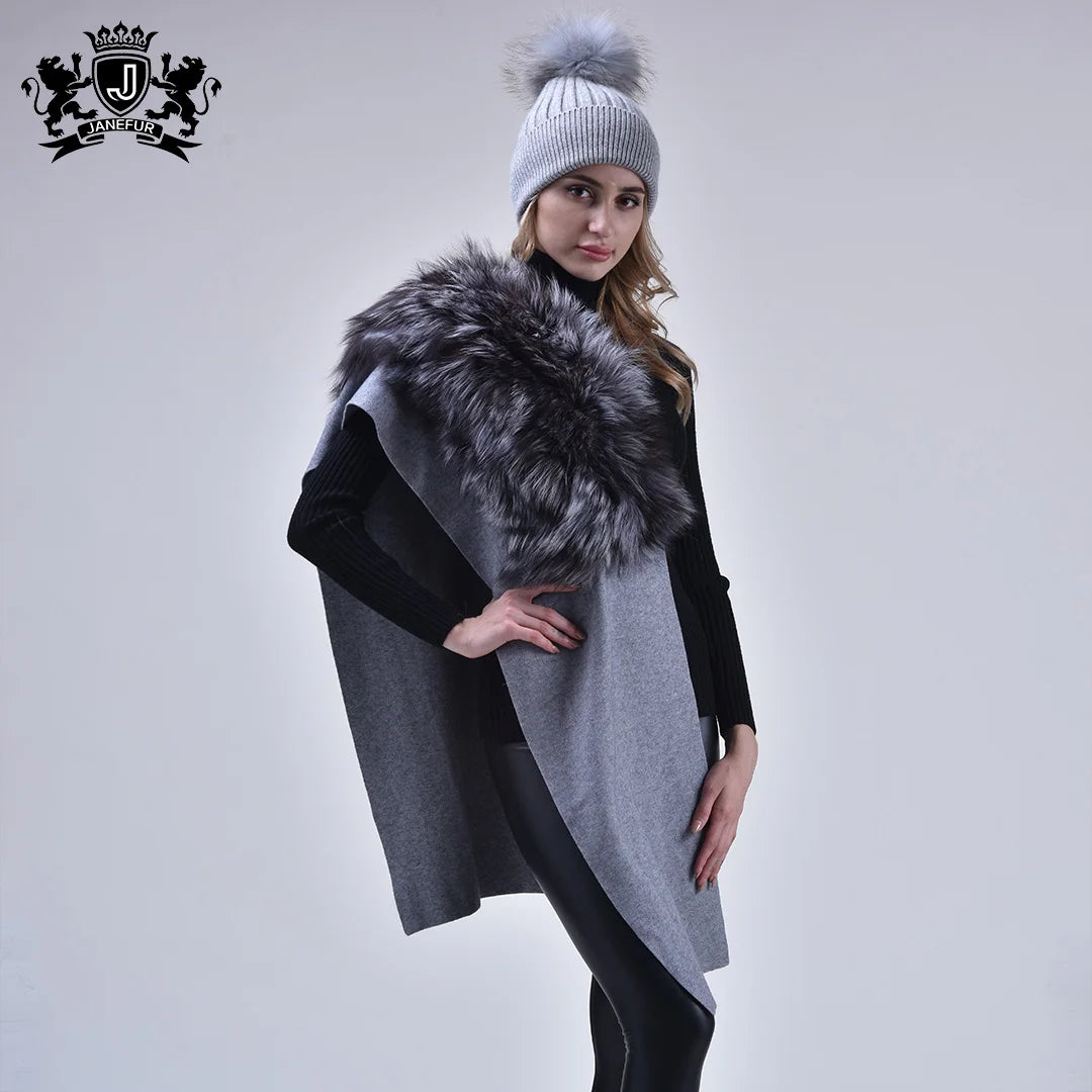 Winter Warm Cashmere Scarf Knitted Wool Scarf With Fur Fox Fur Collar Cashmere Scarf Capes