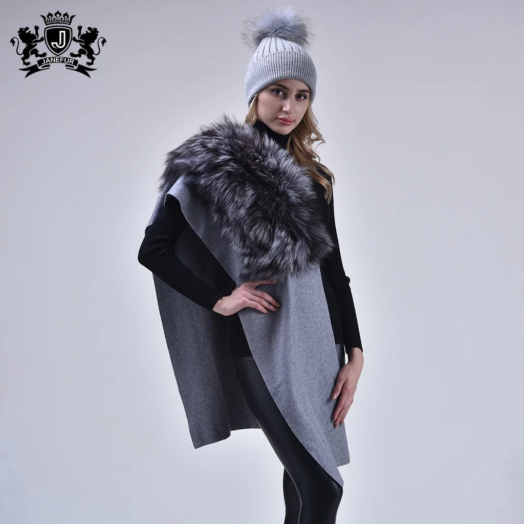Winter Warm Cashmere Scarf Knitted Wool Scarf With Fur Fox Fur Collar Cashmere Scarf Capes