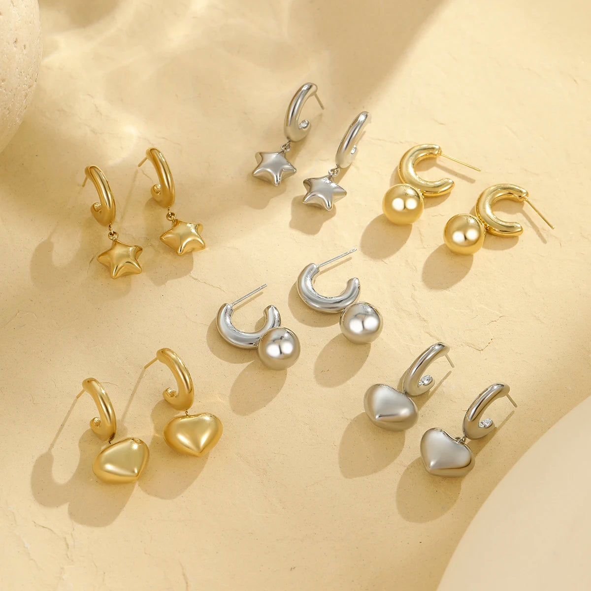 Simple Heart Star Ball Drop Earrings High Polish Classic Stainless Steel Earrings PVD Gold Plated Fashion Jewelry