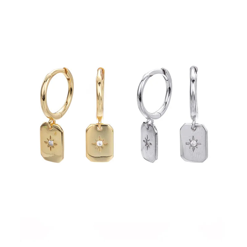 Fashion Jewelry 925 Sterling Silver Star Zircon Dangle Earring Square Pendant Gold Plated Hoop Earrings for Women