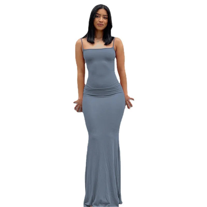 Wholesale Women's Slim Bodycon Halter Neck Cotton Blend Eco-Friendly Anti-Wrinkle Casual Sleeveless Sling Solid Color Dress