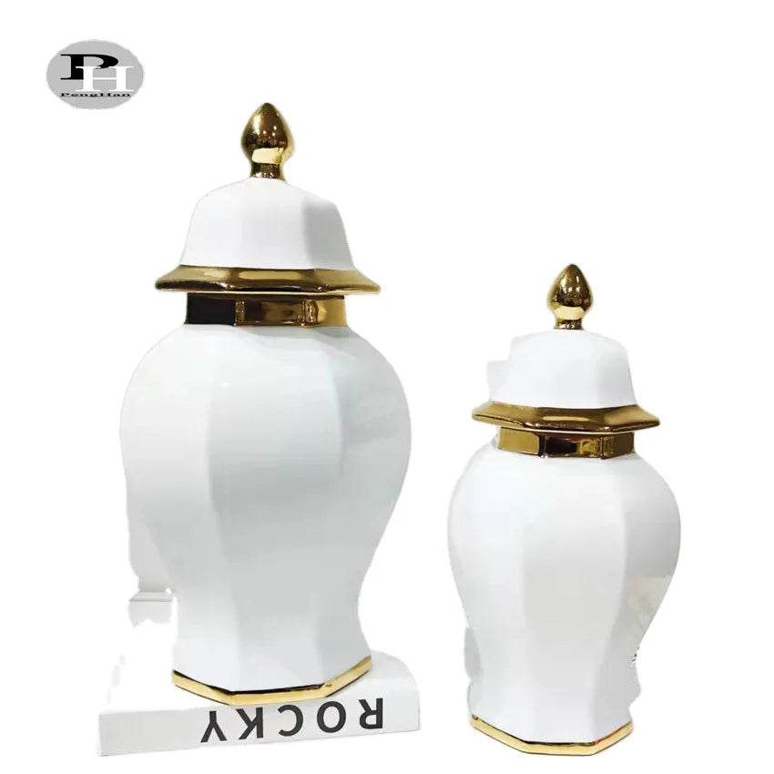 Contemporary Ceramic Flower Vase  Porcelain Luxury Jar White and Gold Ceramic Storage Temple Jar Antique Chinese Porcelain Jar