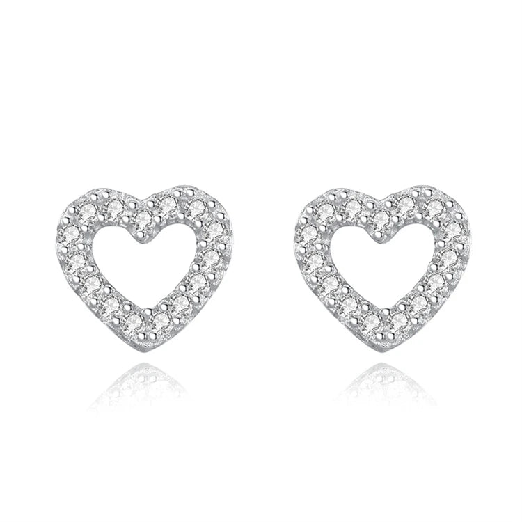 Fashion 925 Sterling Silver Women Simple Diamond Heart Shape Stud Earrings