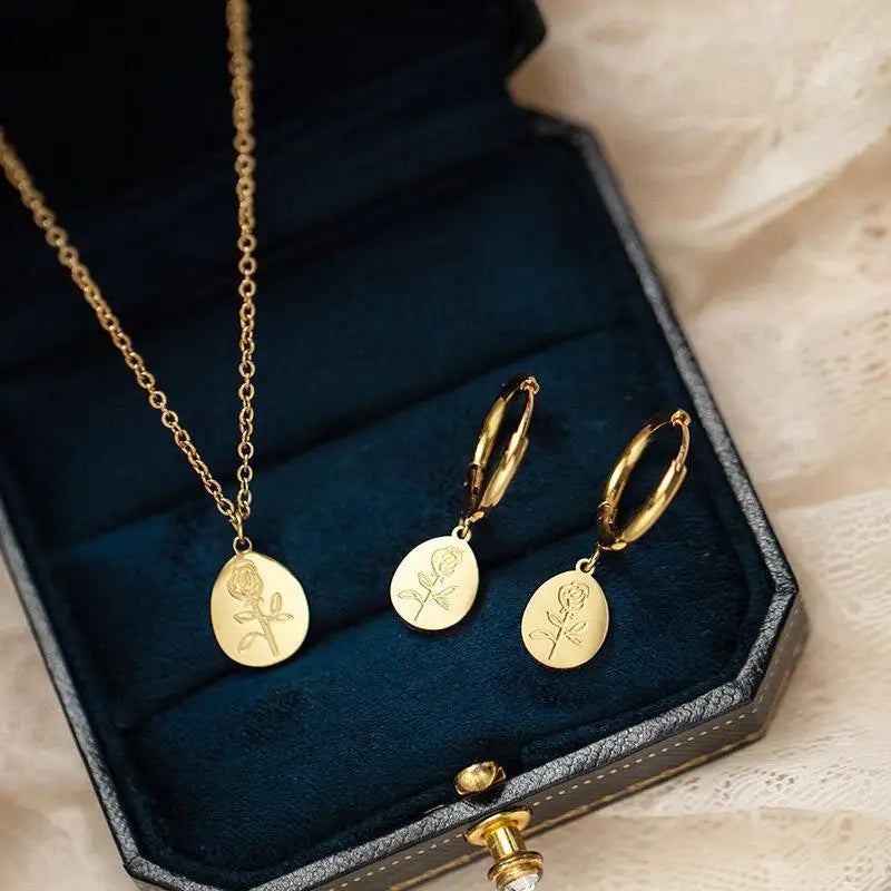 Fashion Rose Earrings Necklace Set Stainless Steel 14K Gold Charm Earrings for Women