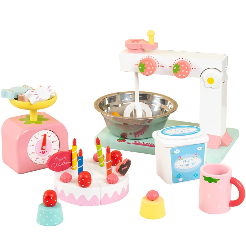 Kids Simulation Wood Baking Tools Blender Machine Mixer Set Kitchen Dessert Cake Making Pretend Play Toy