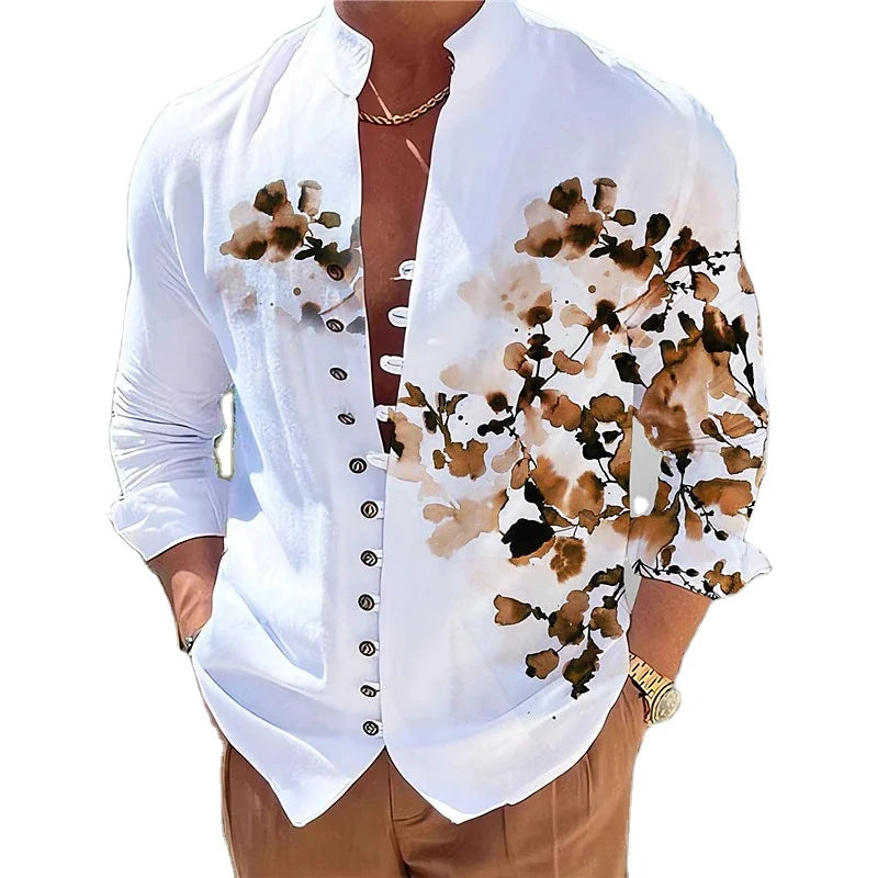 RNSHANGER Vintage Loose Long Sleeve 3D Print Shirt Men's Single-breasted Cardigan Stand Neck Male Daily Casual Minimalist Shirts