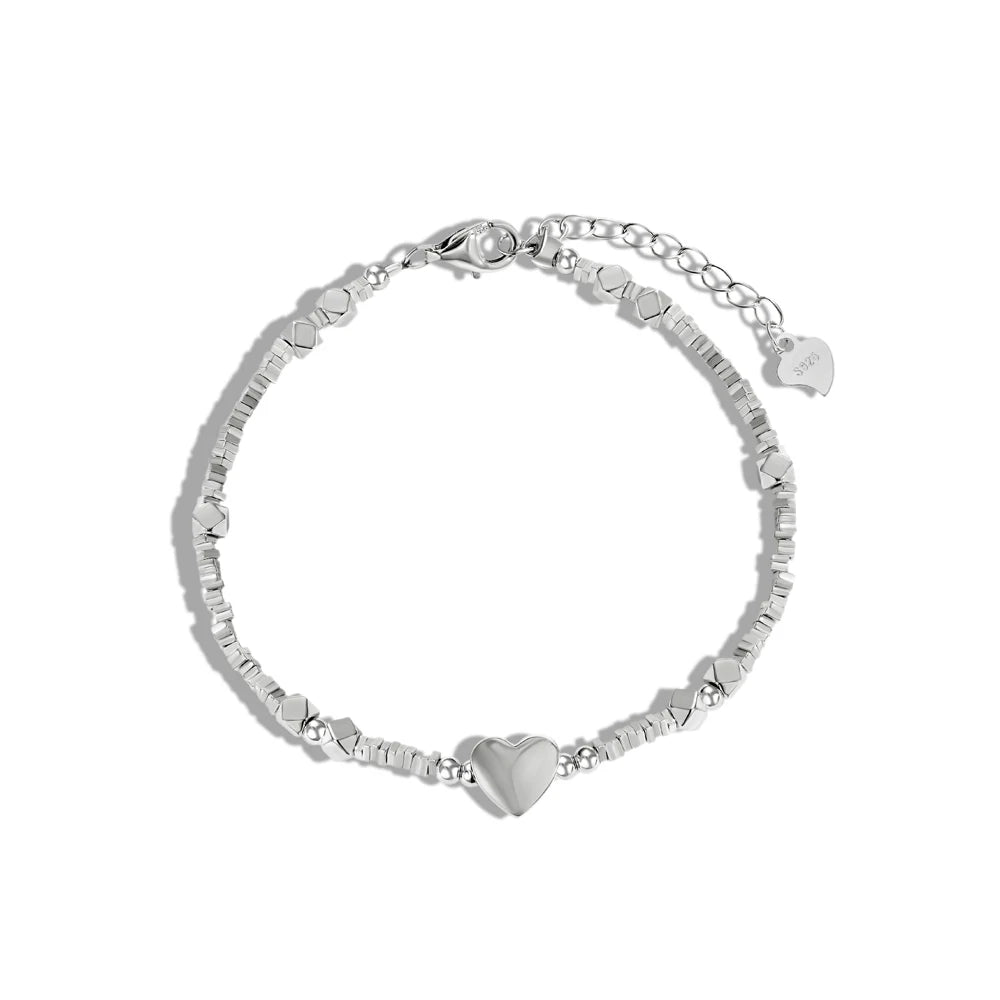 Dylam Minimalist Design Hypoallergenic Non Tarnish S925 Silver Rhodium Plated Beaded Heart Pendant Bracelet for Women