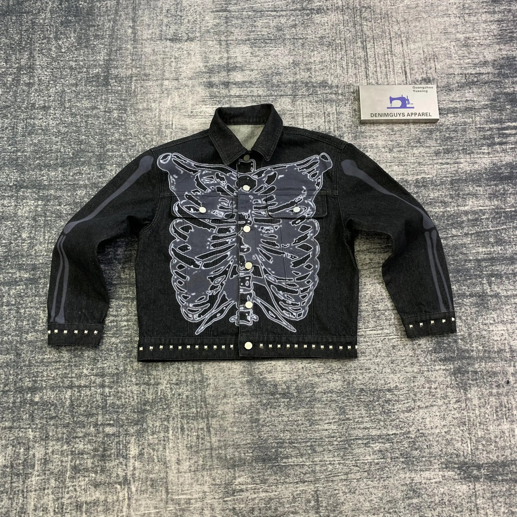 DENIMGUYS Vintage Fashion Mens Digital Printing Denim Jacket Streetwear Acid Wash Dtg Printing Metal Stud Jackets Coats for Men