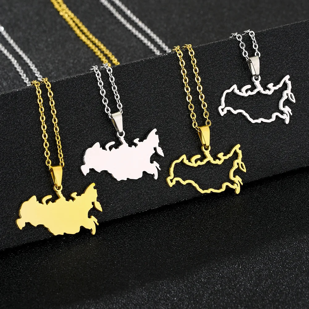 Stainless Steel Silver 18K Gold Plated Russian Map Pendant Necklace for Men and Women Russia Flag Necklace