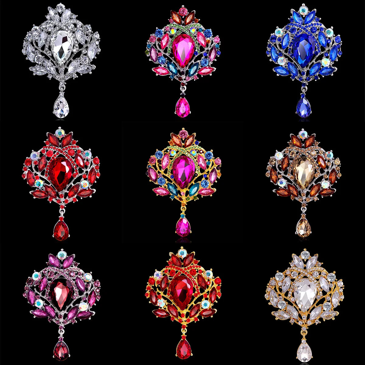 Luxury Vintage Alloy Austrian Crystal Jewelry Rhinestone Crown Brooch Big Water Drop Diamond Flower Brooches