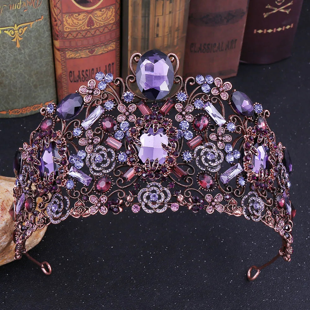 Best Selling Purple Magnificent Trendy Tiara Bride Jewelry Queen Headwear Rhinestone Crown for Wedding
