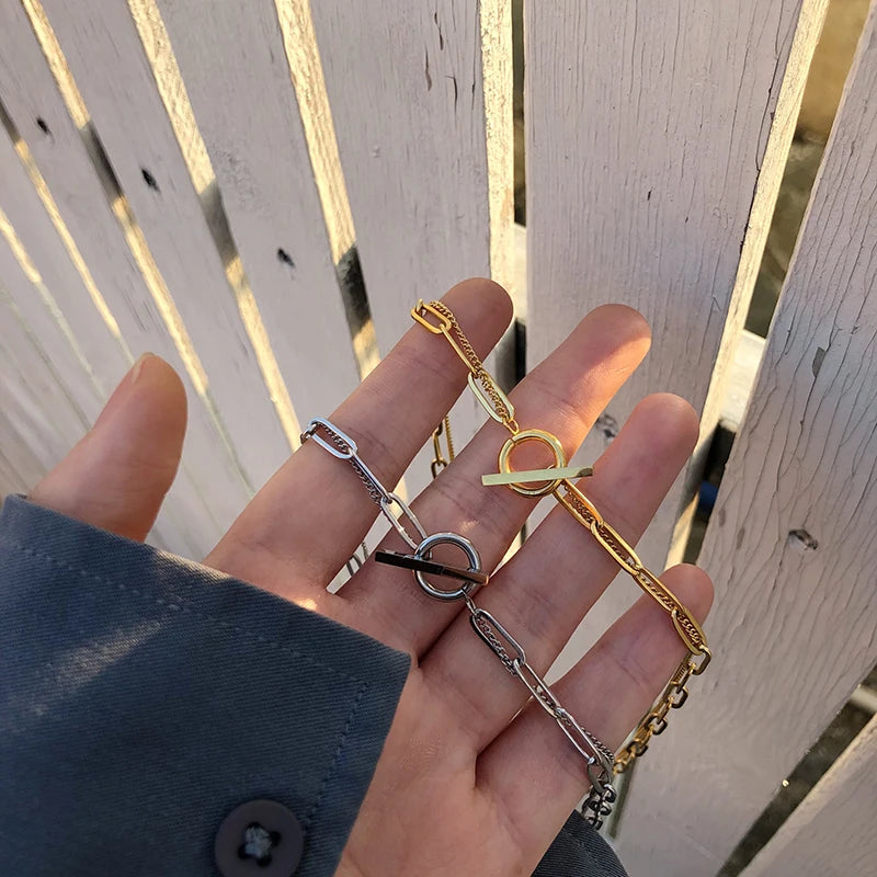 Double Layer Chain Necklace Jewelry 18K Gold Plated Stainless Steel Paper Clip Link Chain OT Clasp Necklace