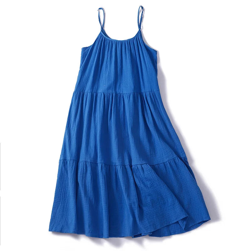 Custom Casual Boho Summer 100%Linen Dress V Neck Buttons Sleeveless Pleated Midi Dress Women in Stock Linen Dress