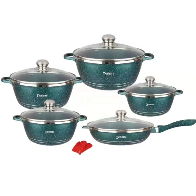 H.K 12-Piece Maifan Stone Kitchenware Set Non-Stick Pot Set with Tempered Glass Cover Premium Cookware
