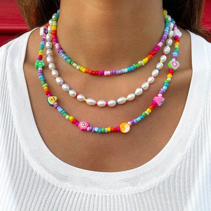 Handmade Summer rainbow Color Glass Seed Rice Beads Necklace Cheap Choker Abs Heart Pear Charm Layers Necklaces Jewelry Women