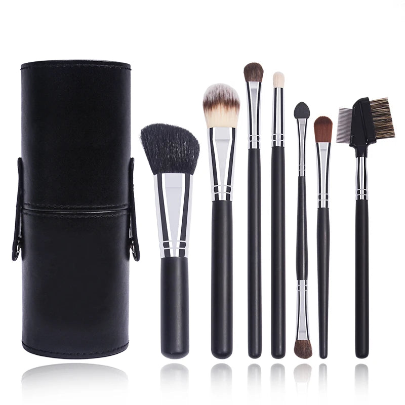 Dongshen 7-Piece Black Wooden Handle Goat & Pony Hair Face Makeup Brush Set with Blending Brushes Free Daily Use