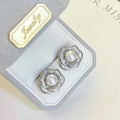 Starry Sky Zircon Embellished Camellia Stud Earrings 7-8mm Natural White Bread Freshwater Pearl Platinum Plated Women's Wedding