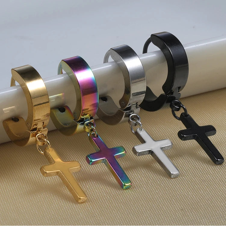 Fashion Non Tarnish 18K Gold Silver Rainbow Plated Stainless Steel Cross Hip Hop Punk No Piercing Cuff Earring Jewelry for Men