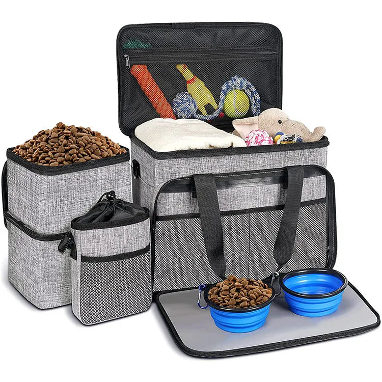 Airline Approved Eco-Friendly Pet Travel Food Bag Zipper Closure Print Includes 2 Food Containers 2 Collapsible Dog Bowls