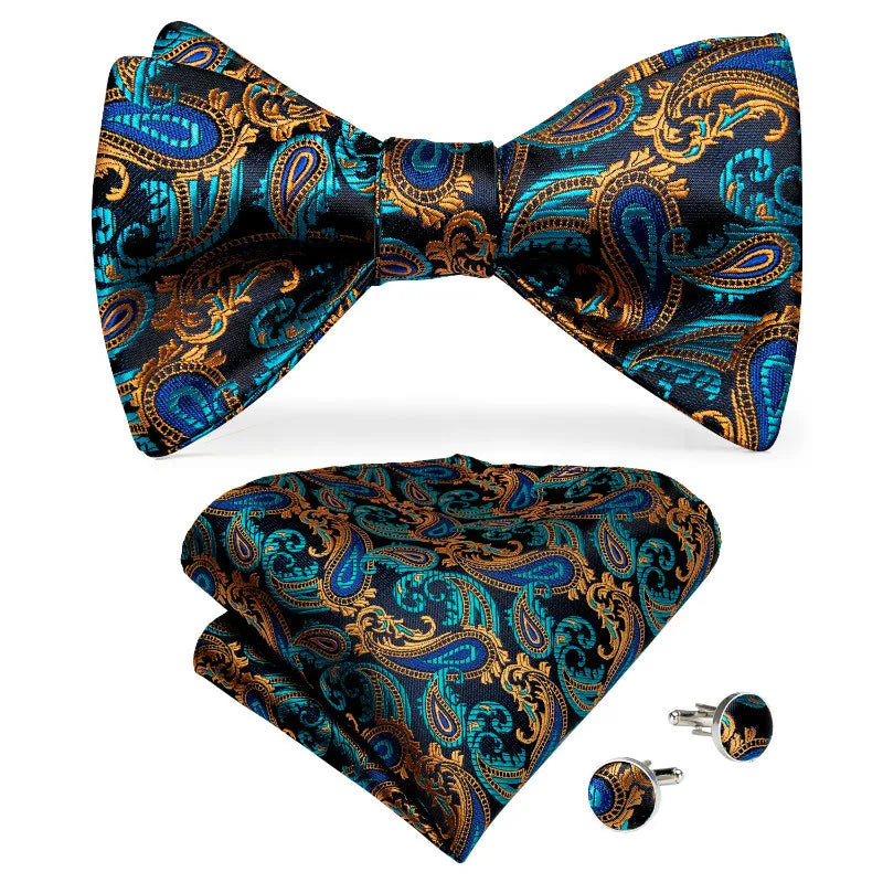 Wholesale  Custom Blue Gold Paisley Mens Bow Tie Luxury Self Tie Bowtie and Pocket Square Set