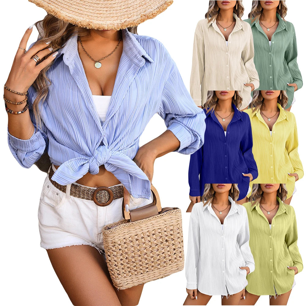 DOVEARK Spring Summer New Wavy Texture Loose Fashion Shirt Ladies Office Casual Lapel Long Sleeves Shirt Ladies Shirts Blouses