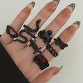 Fashion Black Color Chain Rings Set For Women Men Punk Simple Punk Black Animal Snake Butterfly Ring Set