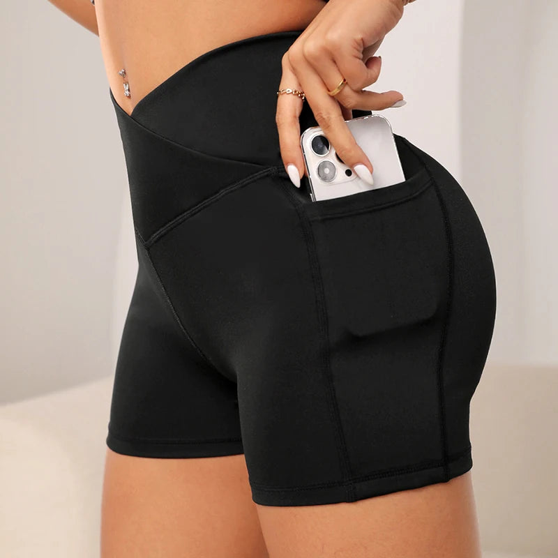 FLW Gym Clothing Women's Solid Pattern Yoga Pants V Cut Waist Workout Shorts Legging with Pockets Fitness Workout Yoga Pants