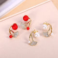 New South Korea Pearl Red Earrings Simple Fashion Elegant  Leaf Diamond Earrings