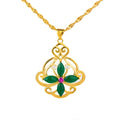 Brass Alloy 18k Gold Plated Green Zircon Emerald Flower Charm Necklace for Women No Chain Only Pendant
