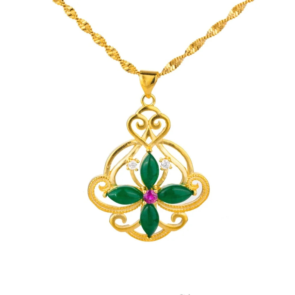 Brass Alloy 18k Gold Plated Green Zircon Emerald Flower Charm Necklace for Women No Chain Only Pendant