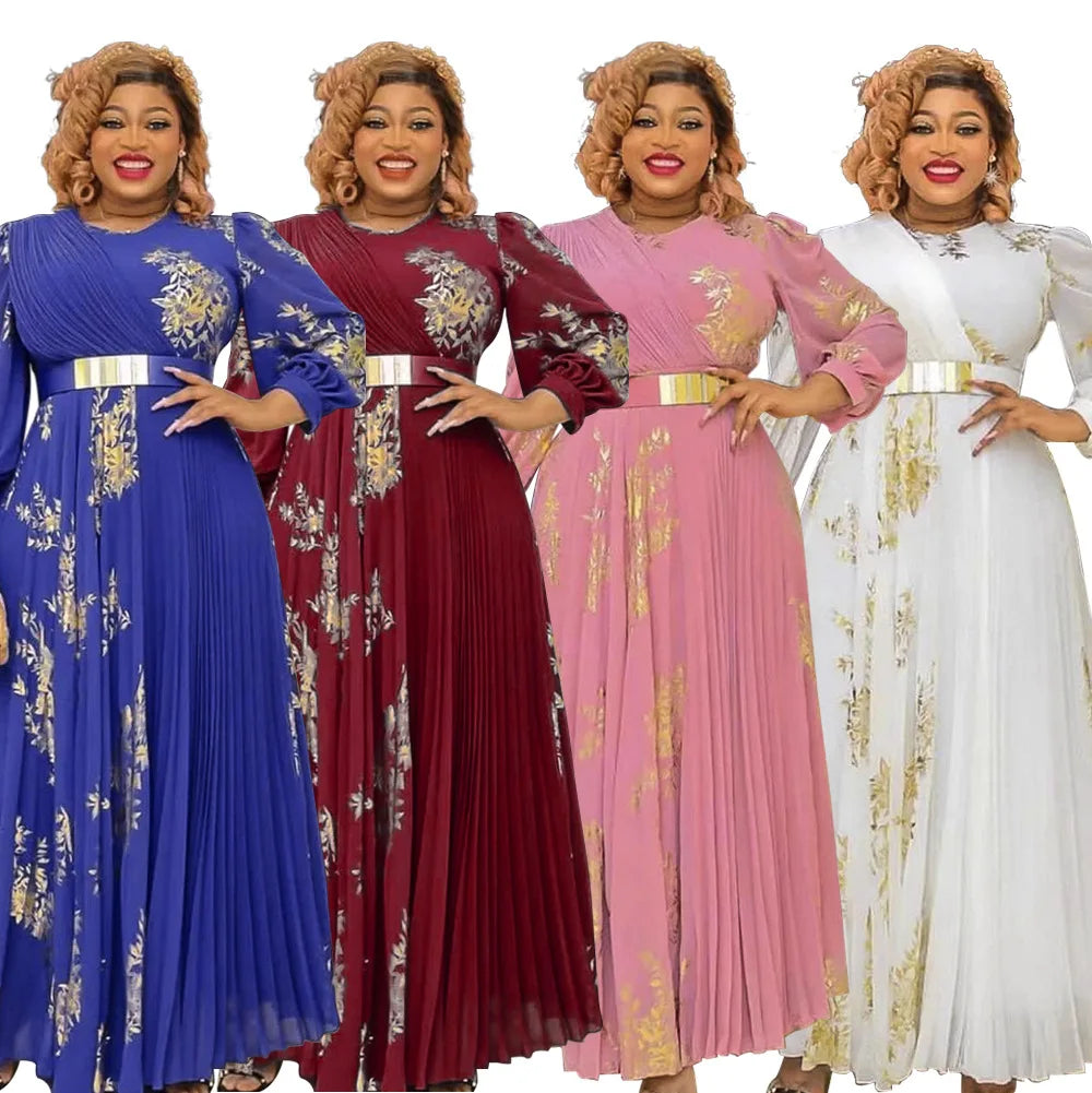 New Arrive 2023 Long Sleeve Maxi Pleated Skirt Dress African Formal Party Boubou Dress for Women