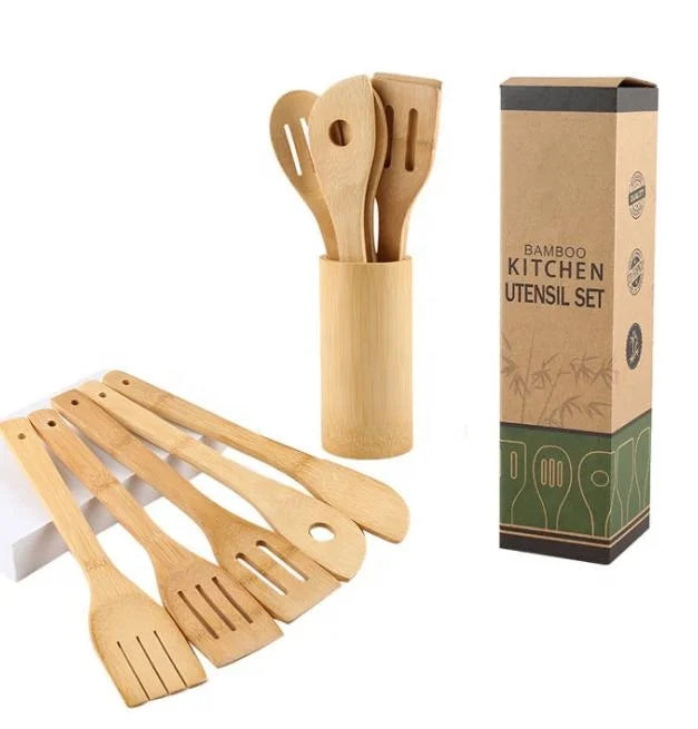 6/7/8/9 Pieces Wooden Kitchen Utensils Bamboo Kitchen Cooking Utensils with Holder