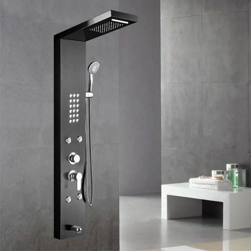 Stainless Steel Shower Panel Tower Rainfall Waterfall Massage System and Tub Spout 5 Function Bathroom Shower Fixtures Home