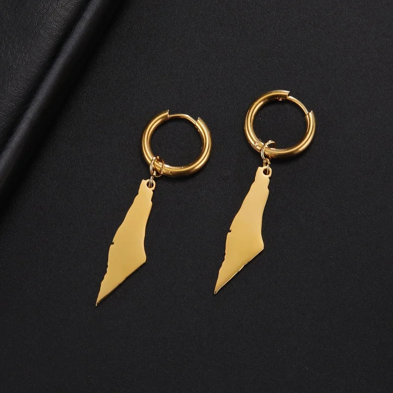 High End Waterproof Palestine Map Geometric Drop Earrings Tarnish Free 18k Gold Plated Stainless Steel Earrings for Women