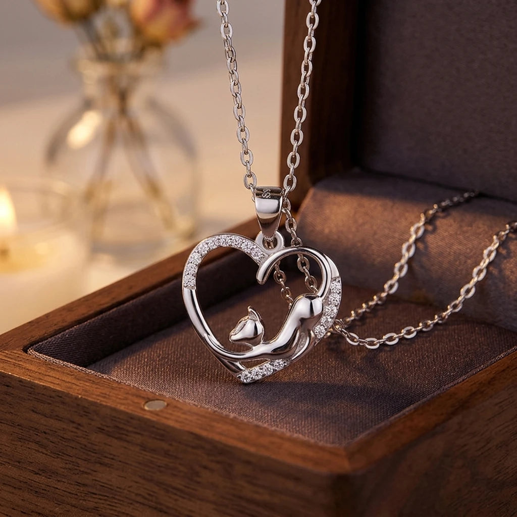 New Trendy Cute Cat Pendant Necklace 925 Sterling Silver Heart Shape Pendant Necklace for Women Girls