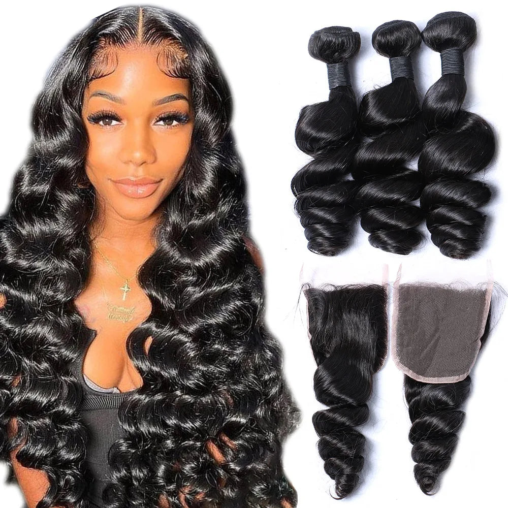 High Quality 12A Brazilian Hair Bouncy Loose Wave Mink Human Hair Weave Bundle with Closure and Frontal for Black Women on Sale