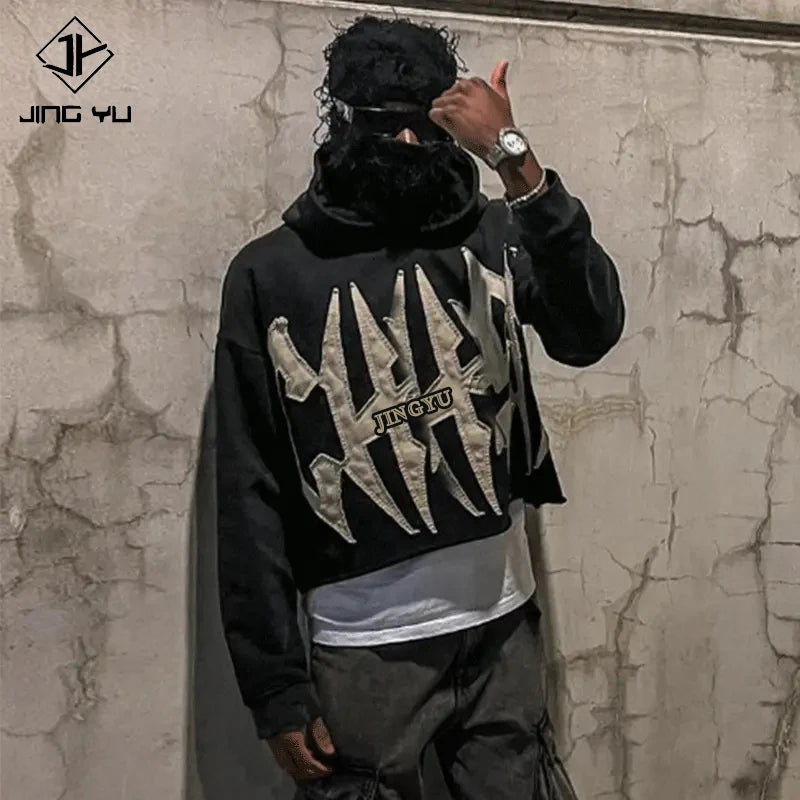No Pocket Embroider Sun Faded Cut Edge Custom Acid Wash Cropped Hoodies Men Raw Hem Applique Distressed Patch Embroidery Hoodies