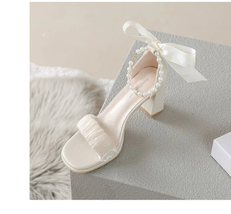 Thick Heel Strappy Sandals Summer fairy Style with Skirts French One-line Belt Temperament Girl High Heels