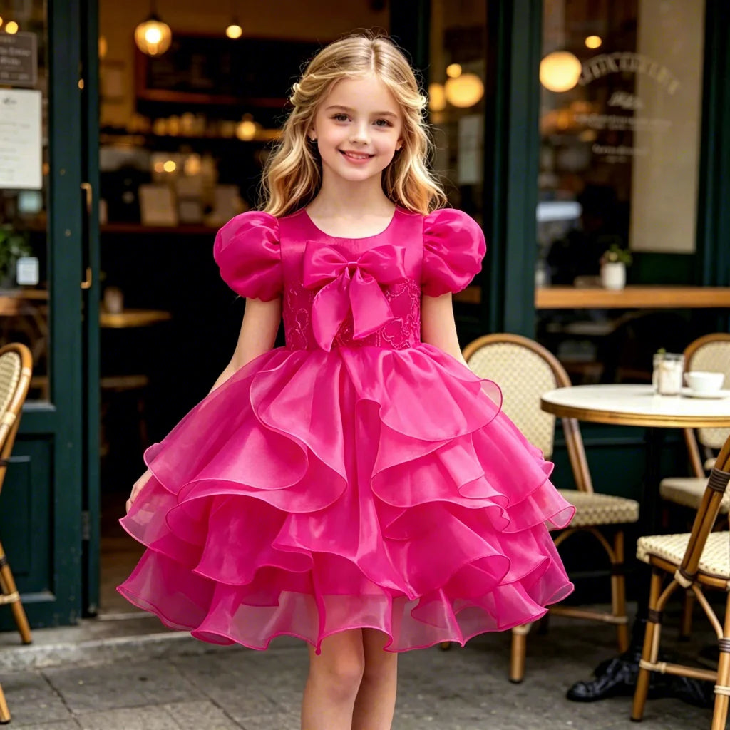 Elegant Big Bow Princess Girl Evening Dress Short Sleeve Dresses for Girls of 10 Year Old Fluffy Cute Children Party Dress